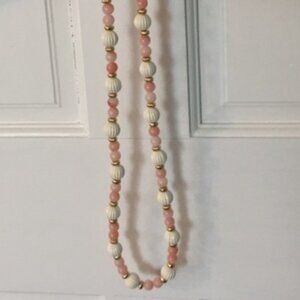 Vintage 30” Rose Quartz Beaded Necklace- Pink & Cream